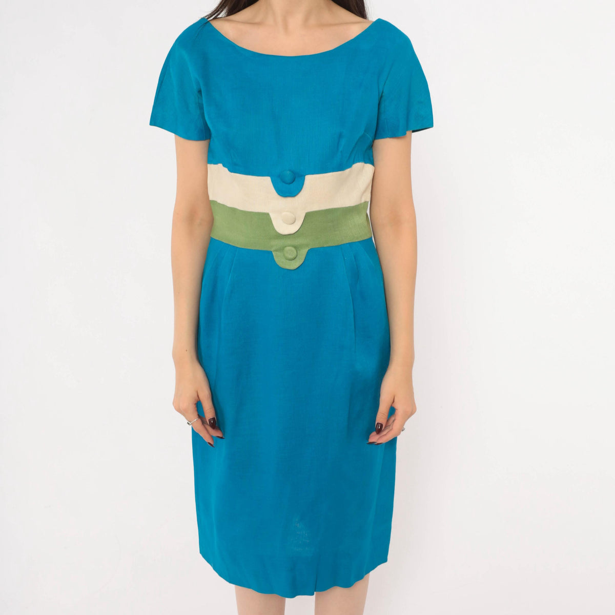 60s Teal Linen Sheath Dress Color Block Cream Olive Boat Neck Small