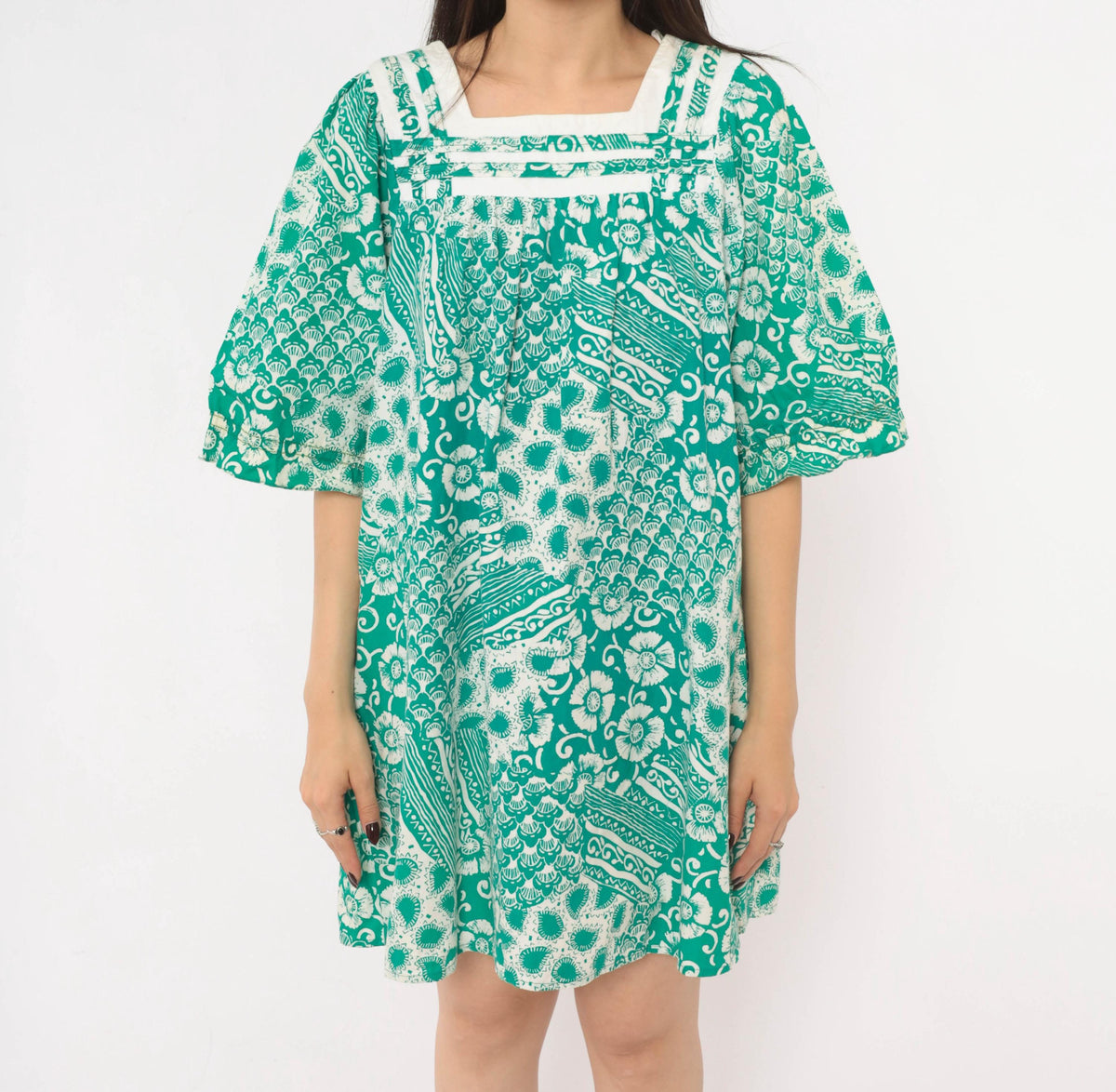 90s Expressions Teal Batik Floral Cotton Dress Square Neck Puff Sleeve Medium M