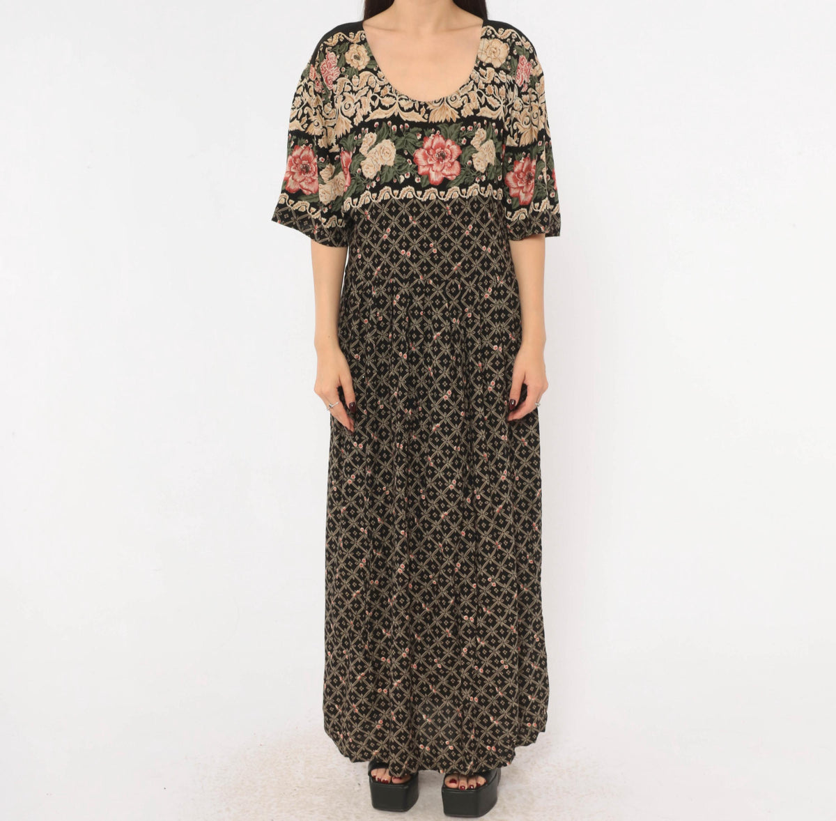 90s Fashion Bug Black Floral Maxi Dress Rose Border Pink Cream Plus Size 3X