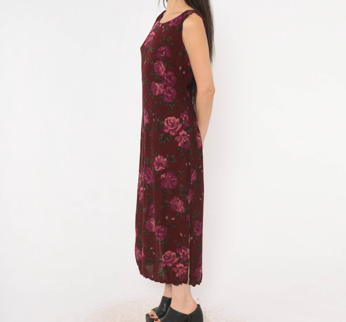 90s Chadwick's Burgundy Floral Midi Dress Sleeveless Tie Back Medium M