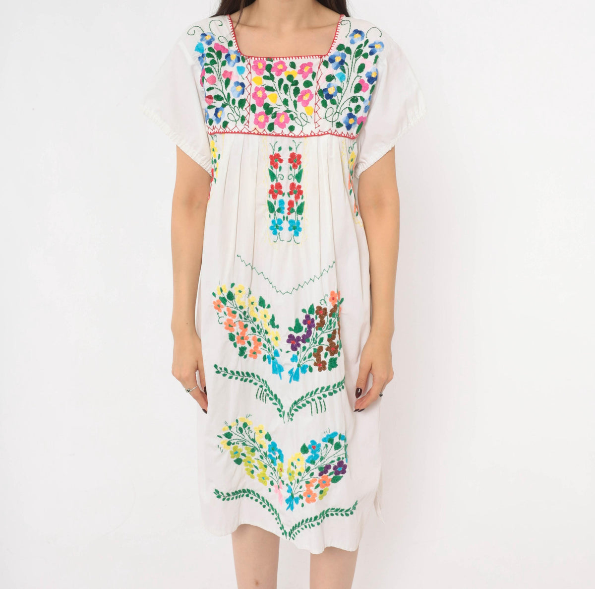 90s Mexican Embroidered Cotton Dress White Floral Puff Sleeve Square Neck Small