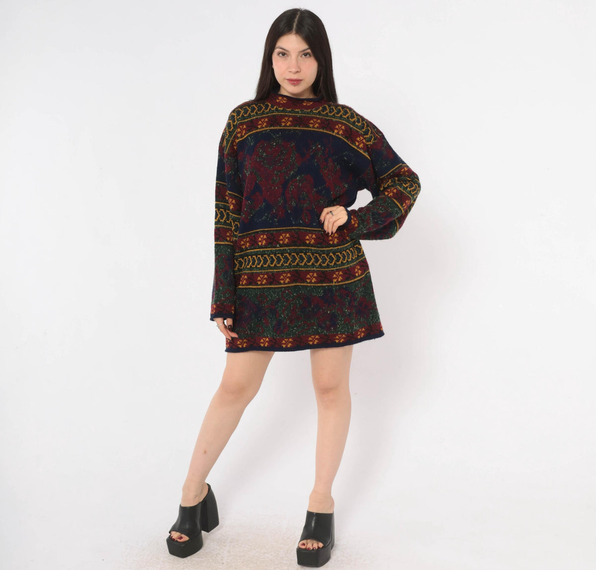 90s Colter Bay Sweater Dress Burgundy Navy Floral Fair Isle Mock Neck Medium