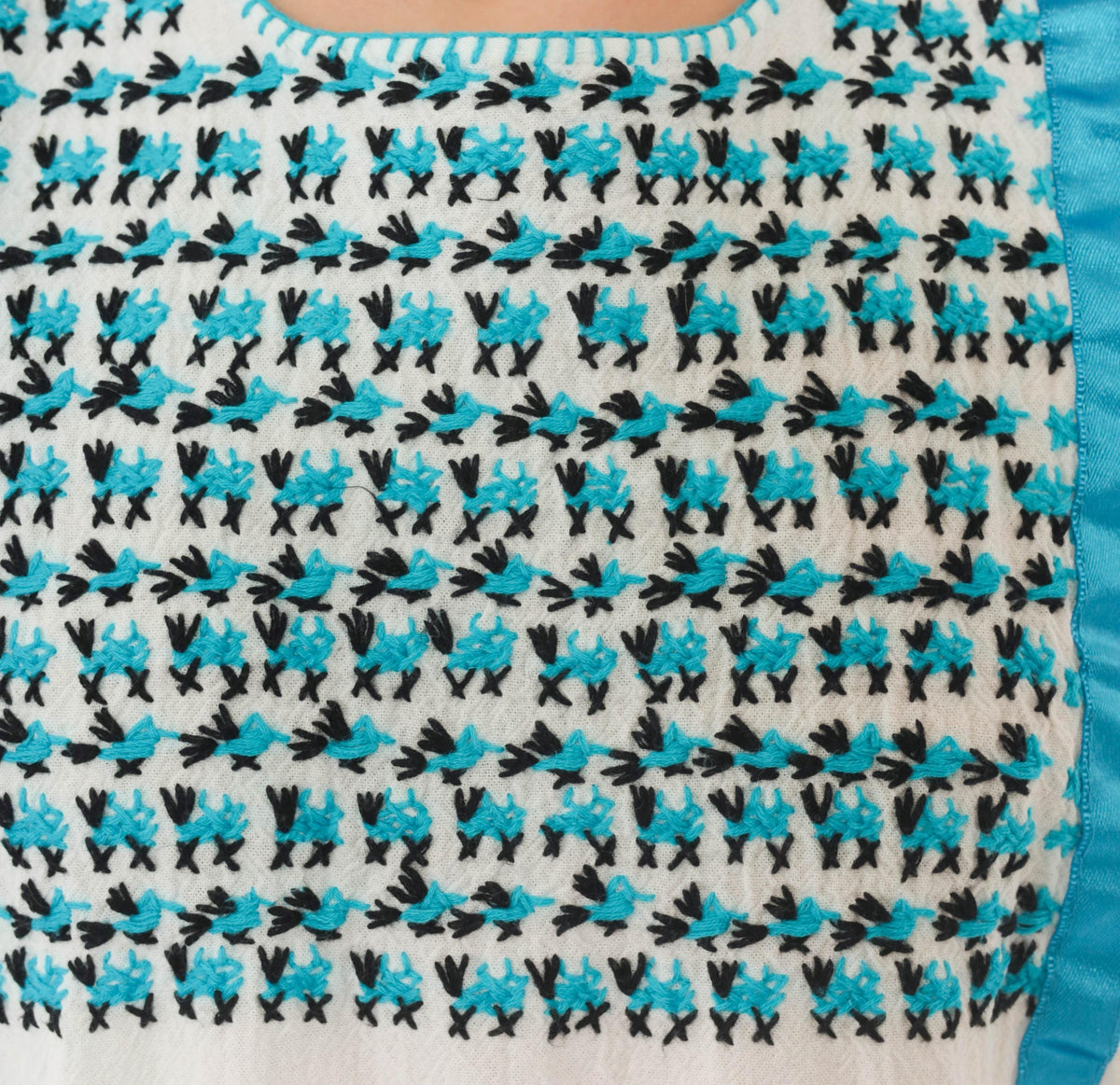 90s White Cotton Midi Dress Turquoise Embroidered Floral Bib Yoke Medium M