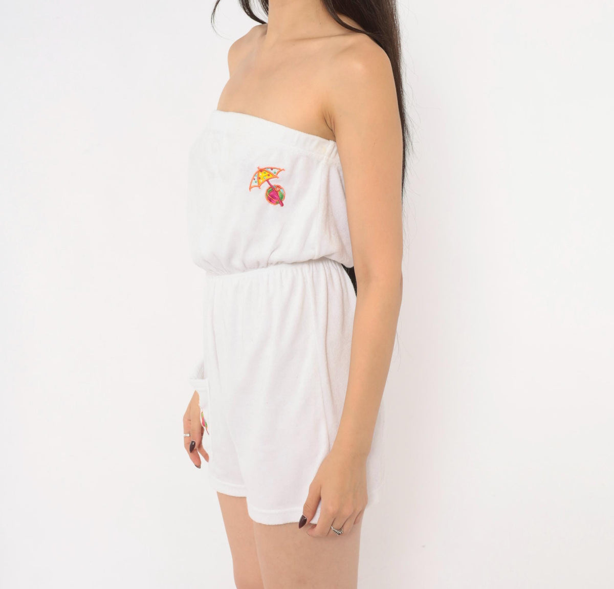 80s Bobbie Brooks White Strapless Terry Cloth Romper Umbrella Embroidered Small