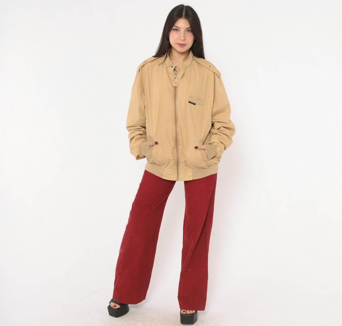 80s Members Only Bomber Jacket Beige Tan Snap Collar Raglan Extra Large