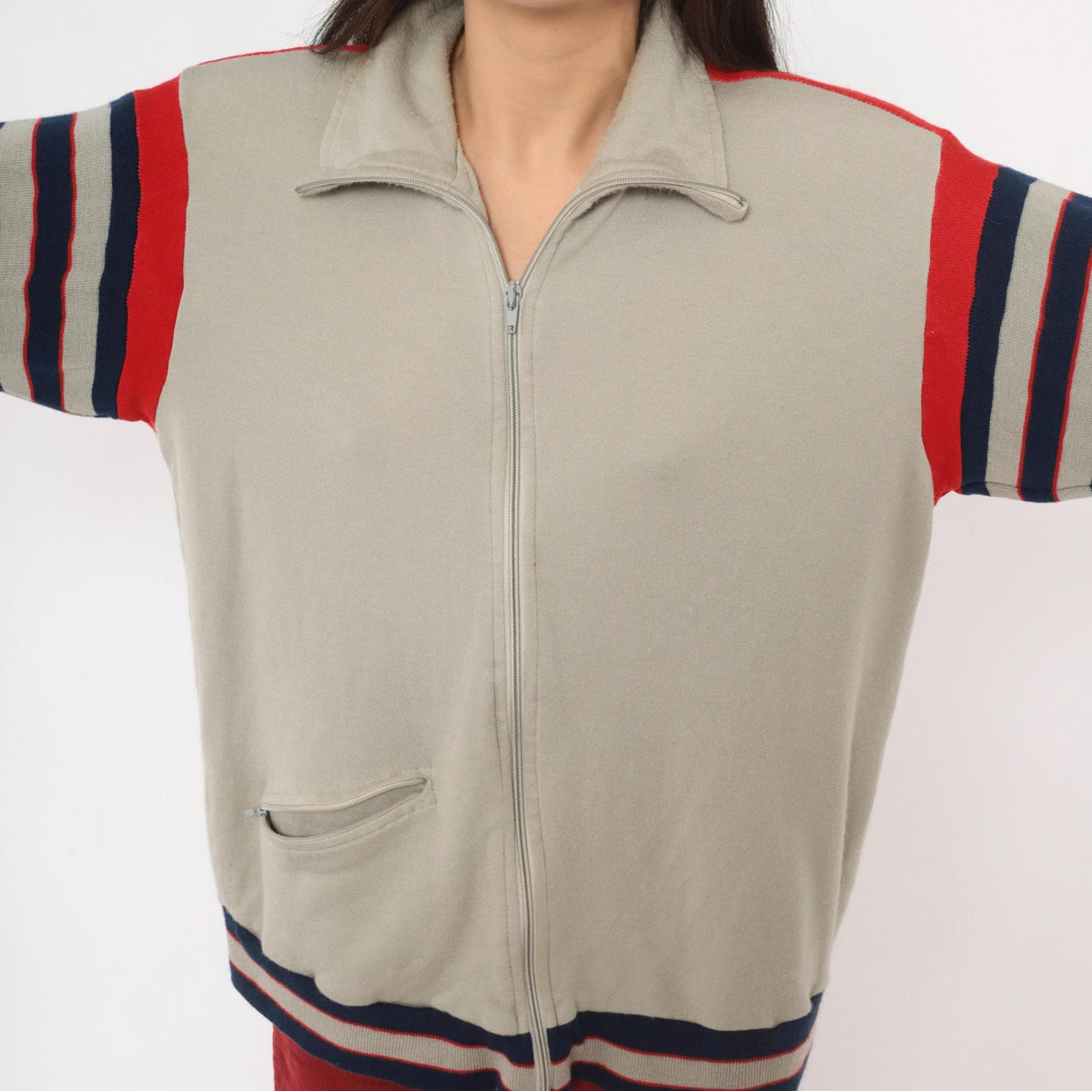80s Track & Court Zip Jacket Grey Navy Red Stripe Bomber Medium