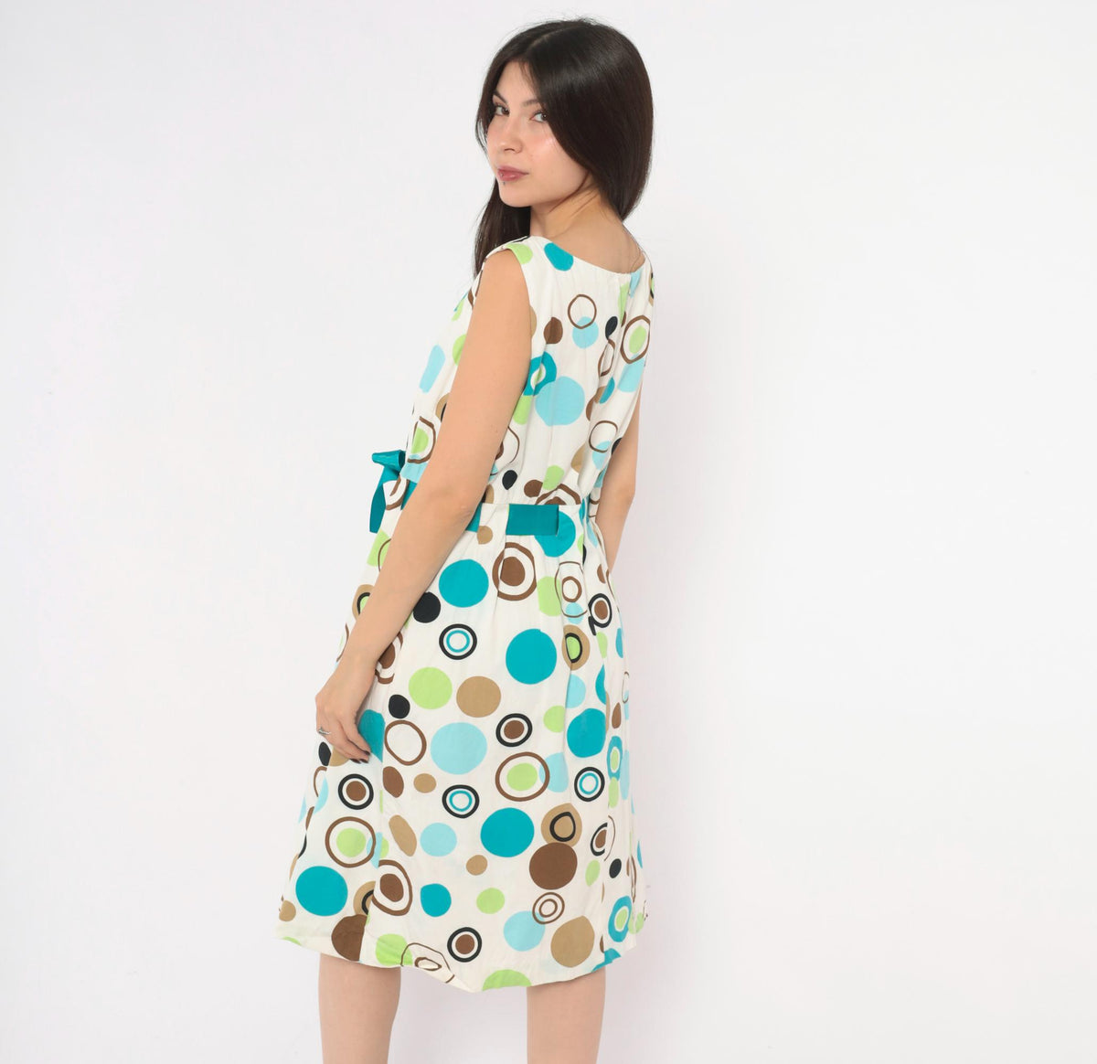 90s Jessica Howard White Polka Dot Sundress Teal Green Brown Knee-Length Large L