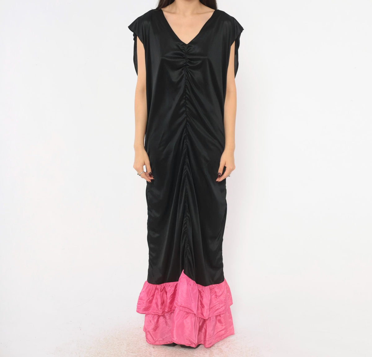80s Black Satin Maxi Dress Fuchsia Ruffle Cowl Open Back Evening Gown Extra Large
