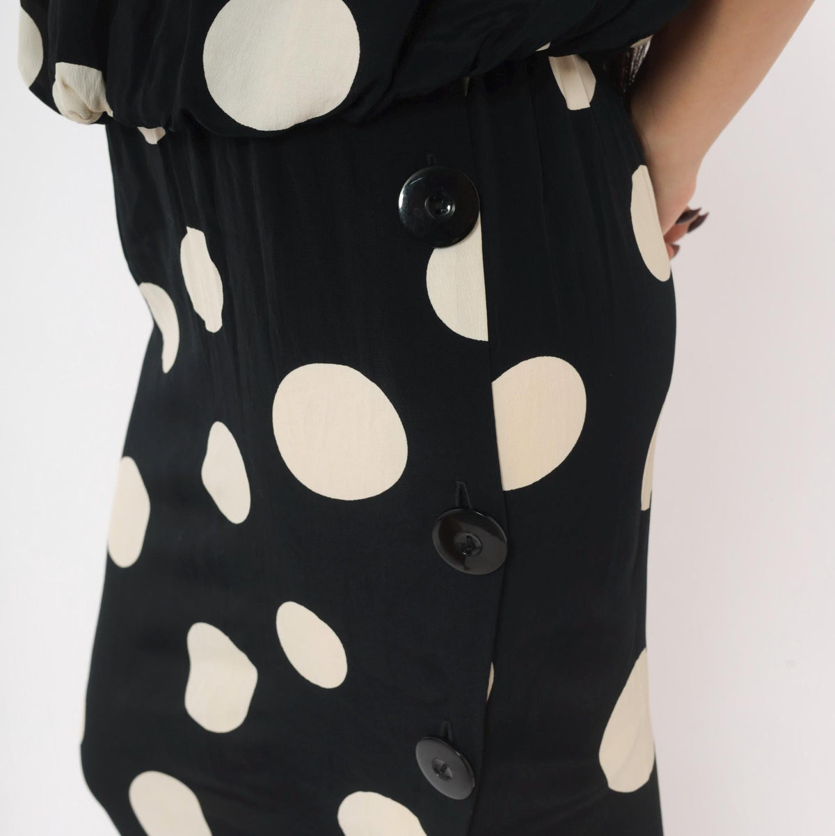 90s Chetta B Polka Dot Midi Dress Black Cream Cap Sleeve Small S