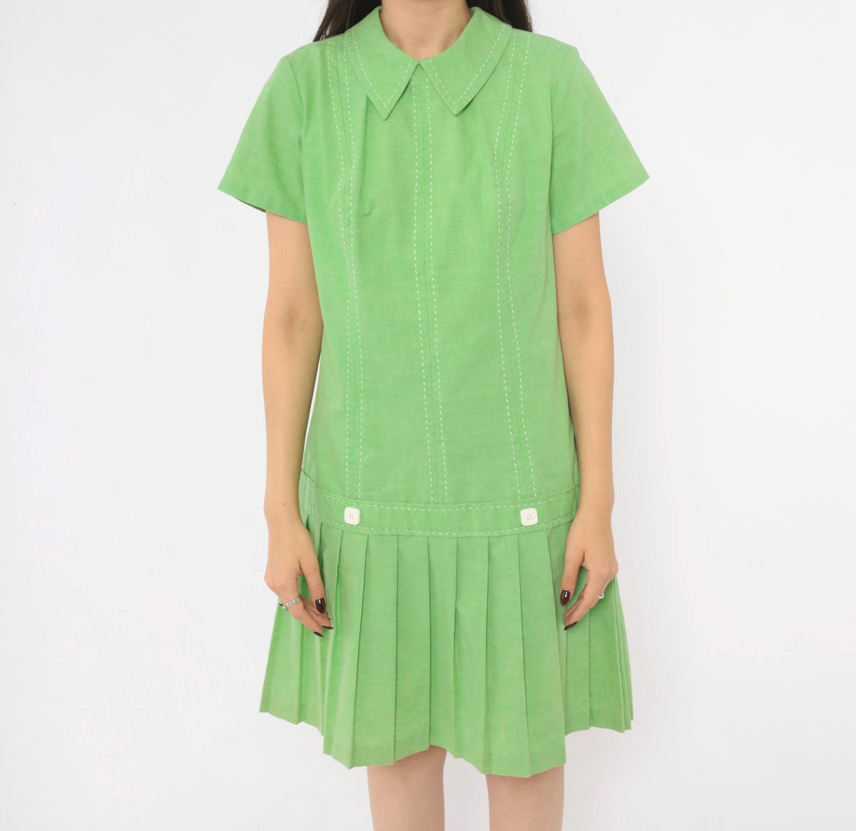 60s Mod Lime Green Shift Dress Peter Pan Collar Pleated Skirt Medium M