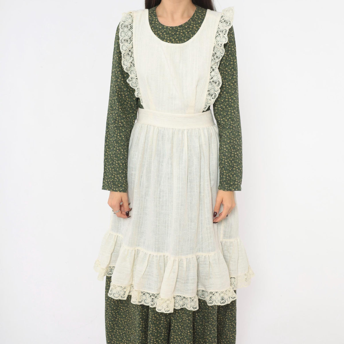 70s Cream Linen Pinafore Apron Dress Crochet Lace Ruffle Tie Back