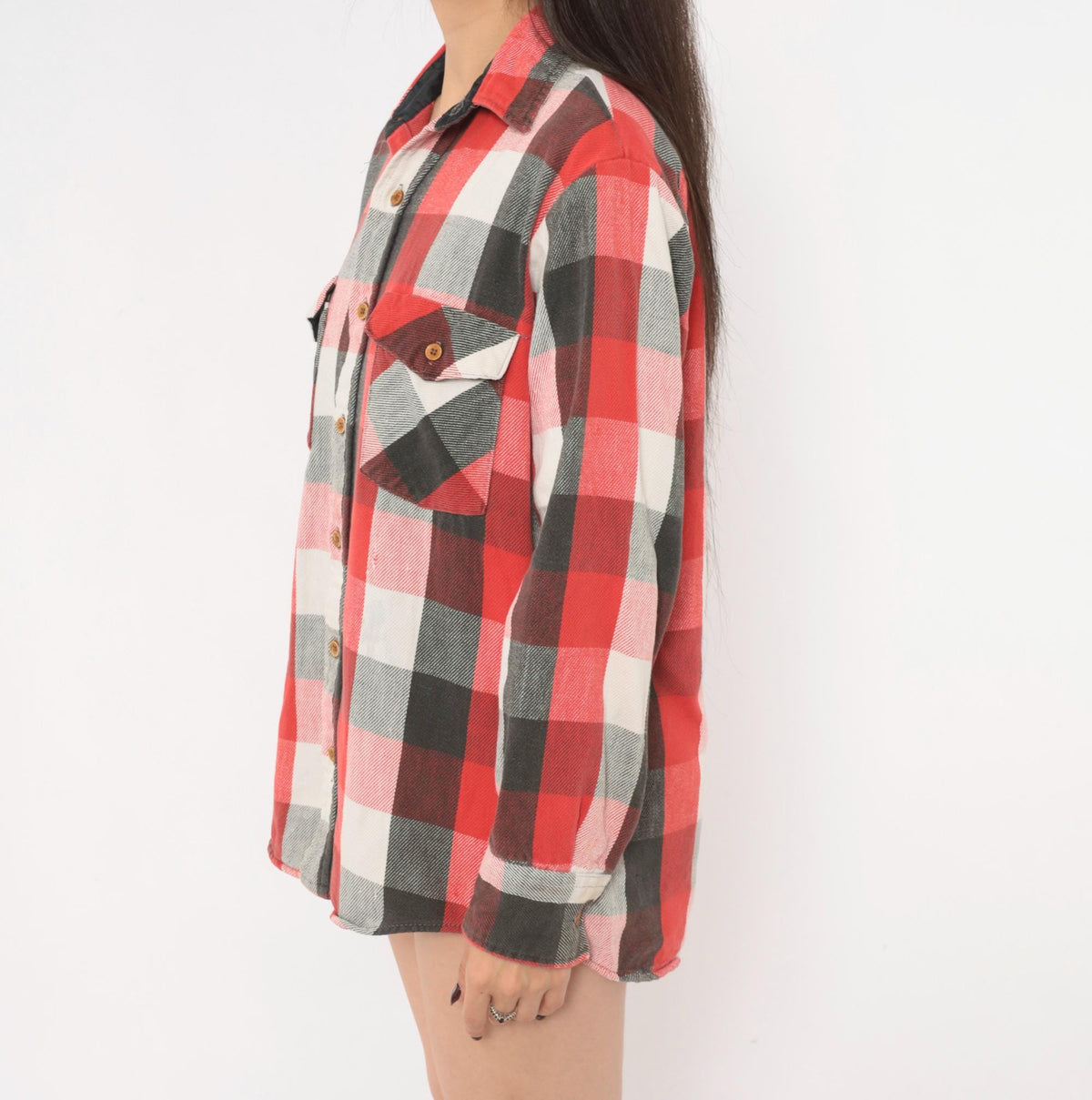 80s Buffalo Plaid Flannel Shirt Red Black White Cotton Button Front Medium