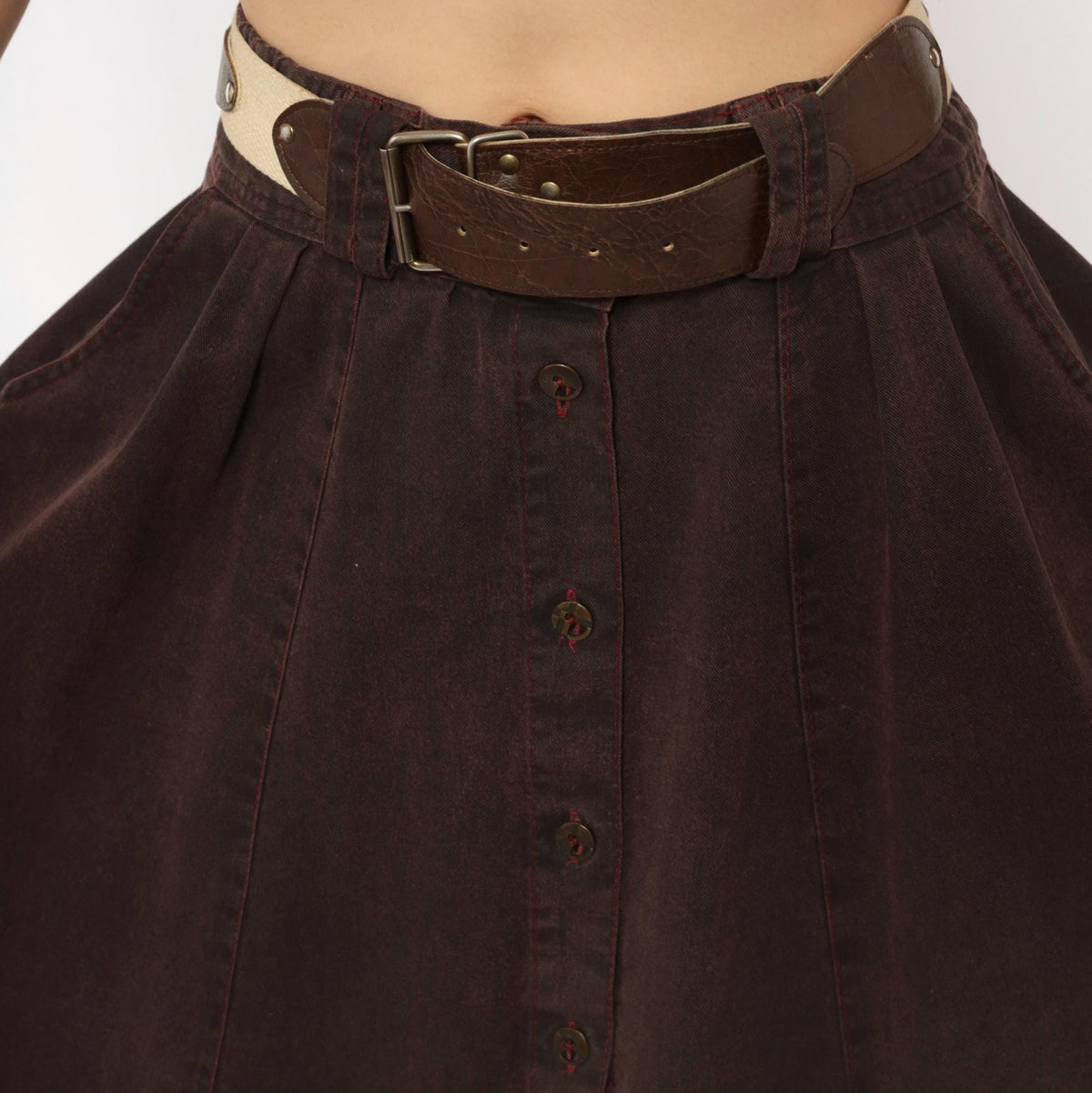 80s Burgundy Cotton Skirt Button Front A-Line High Waist Pockets Small S