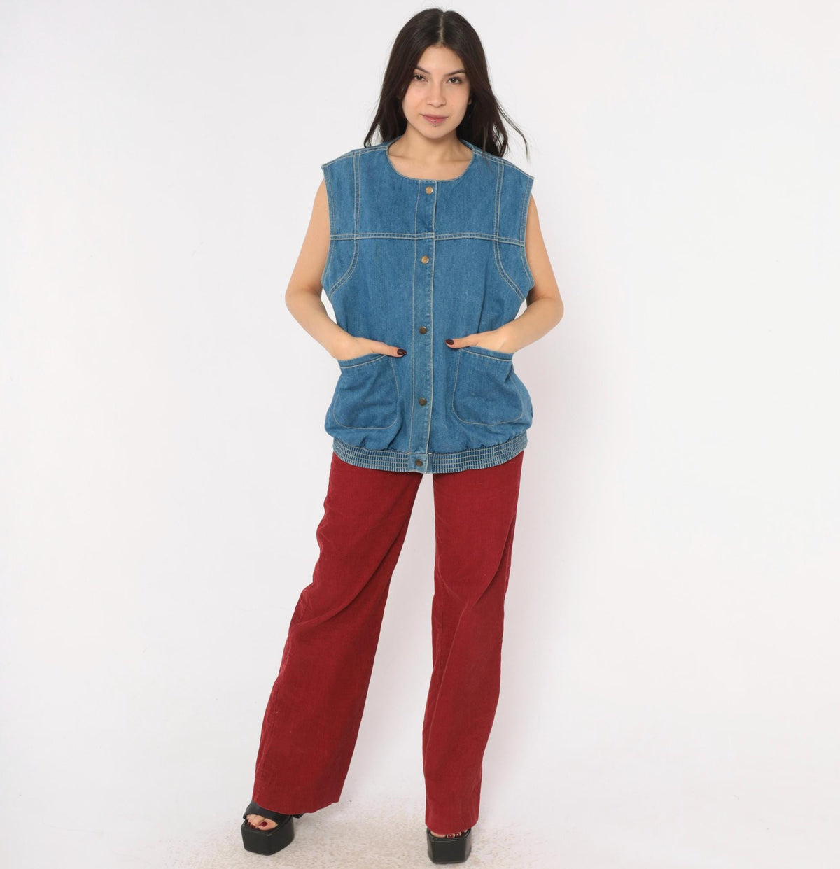90s Juleigh Jean Denim Vest Blue Snap Button Sleeveless Large L