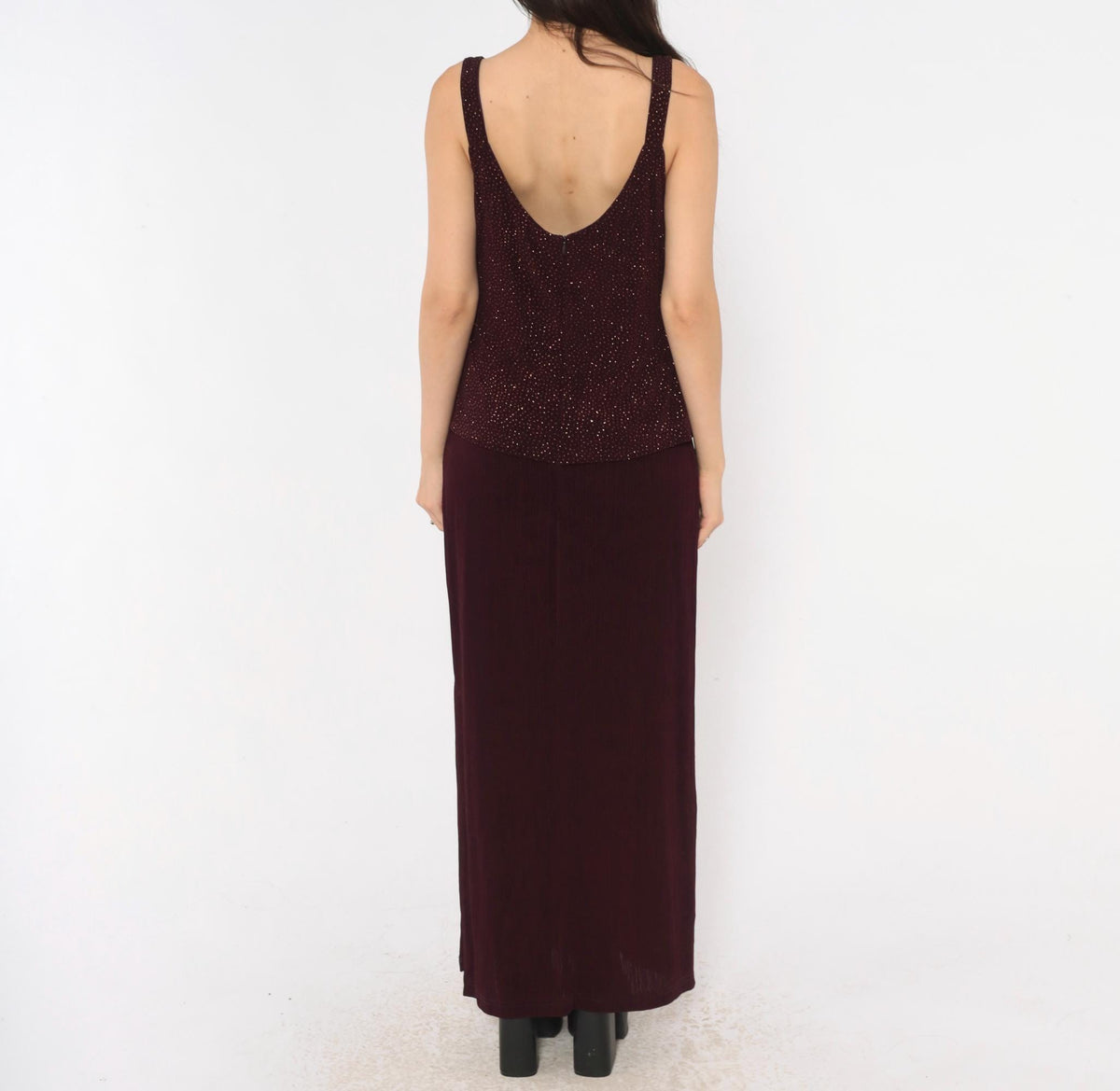 90s R&M Richards Burgundy Glitter Maxi Dress V-Neck Sleeveless Medium