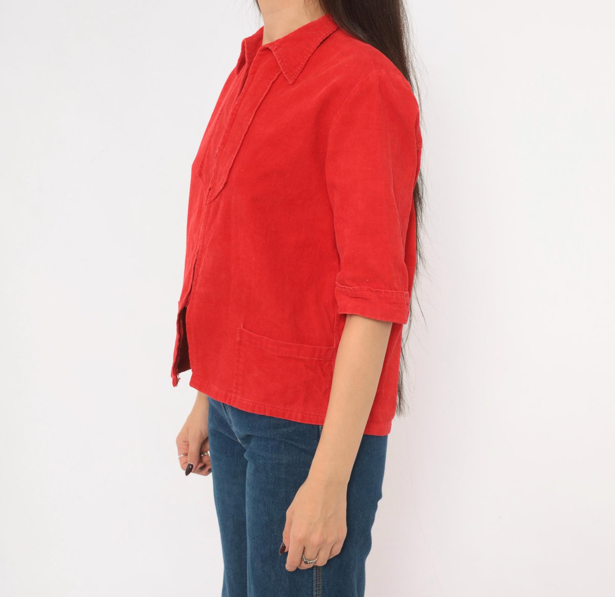 70s Red Corduroy Zip Shirt Pointed Collar Patch Pocket Cropped Blouse Small S