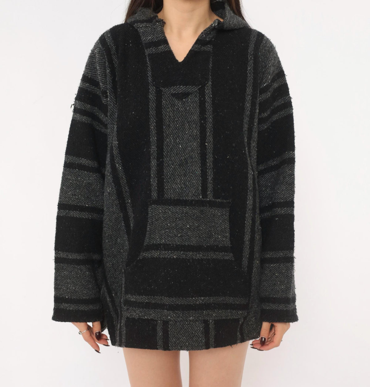 Y2K Peyote Baja Hoodie Black Grey Striped Woven Cotton Kangaroo Pocket Extra Large XL