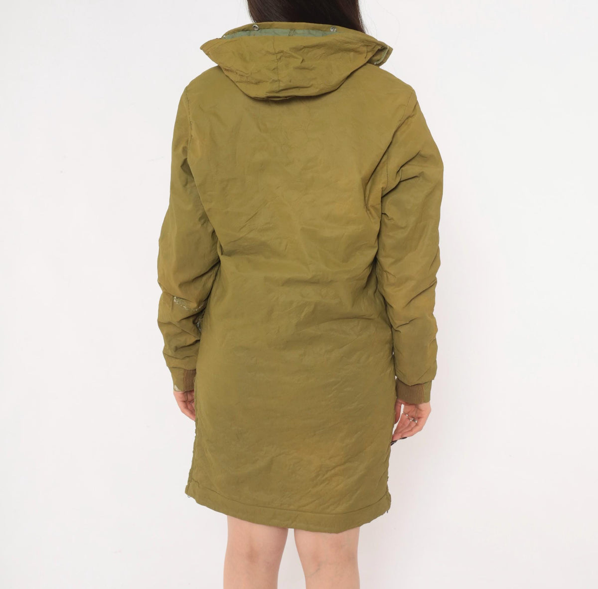 60s Olive Hooded Parka Jacket Nylon Military Field Coat Snap Zip Small