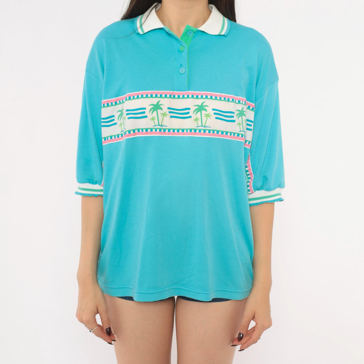 90s Pykettes Palm Tree Polo Shirt Turquoise Three Quarter Sleeve Medium