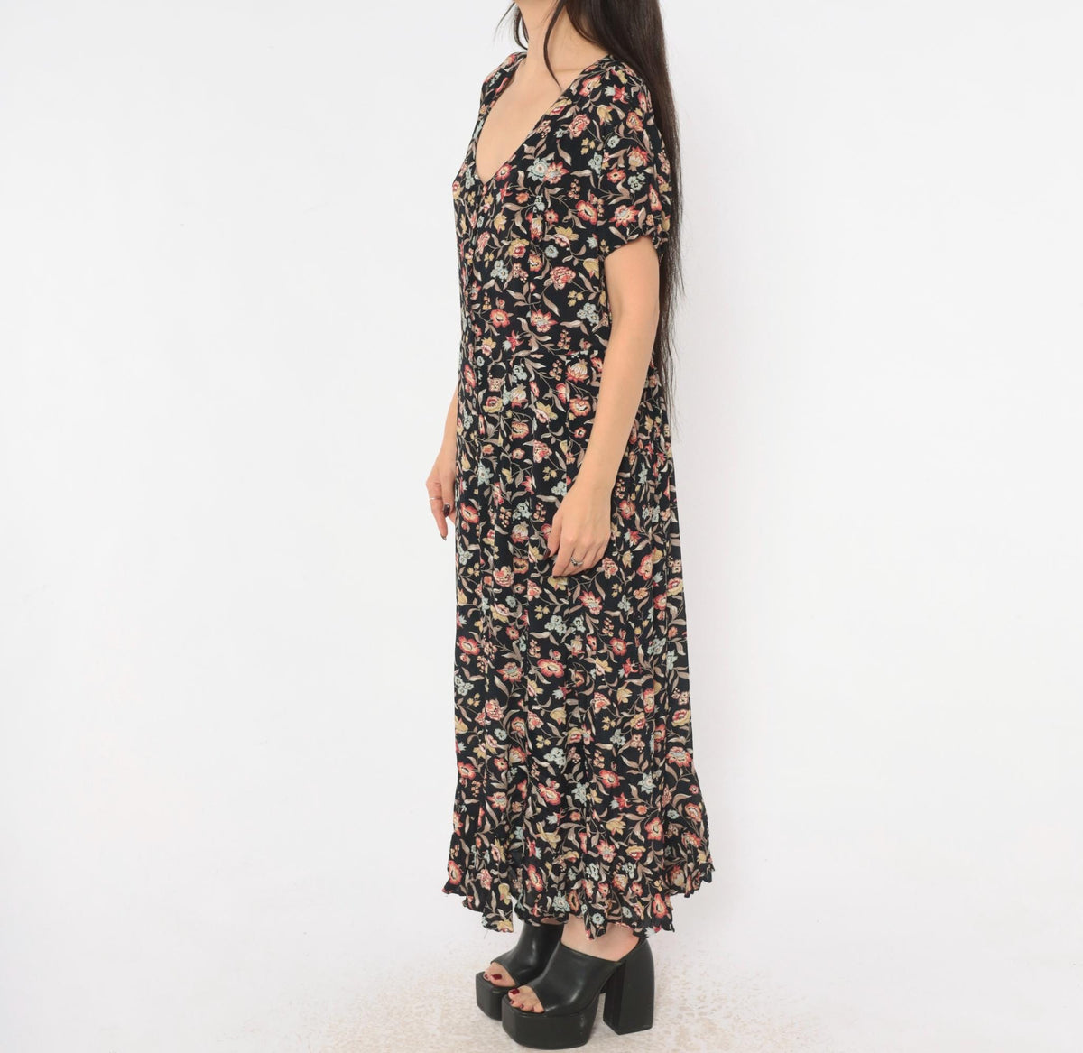 90s Contempo Casuals Black Floral Midi Dress Button Front V Neck Large L