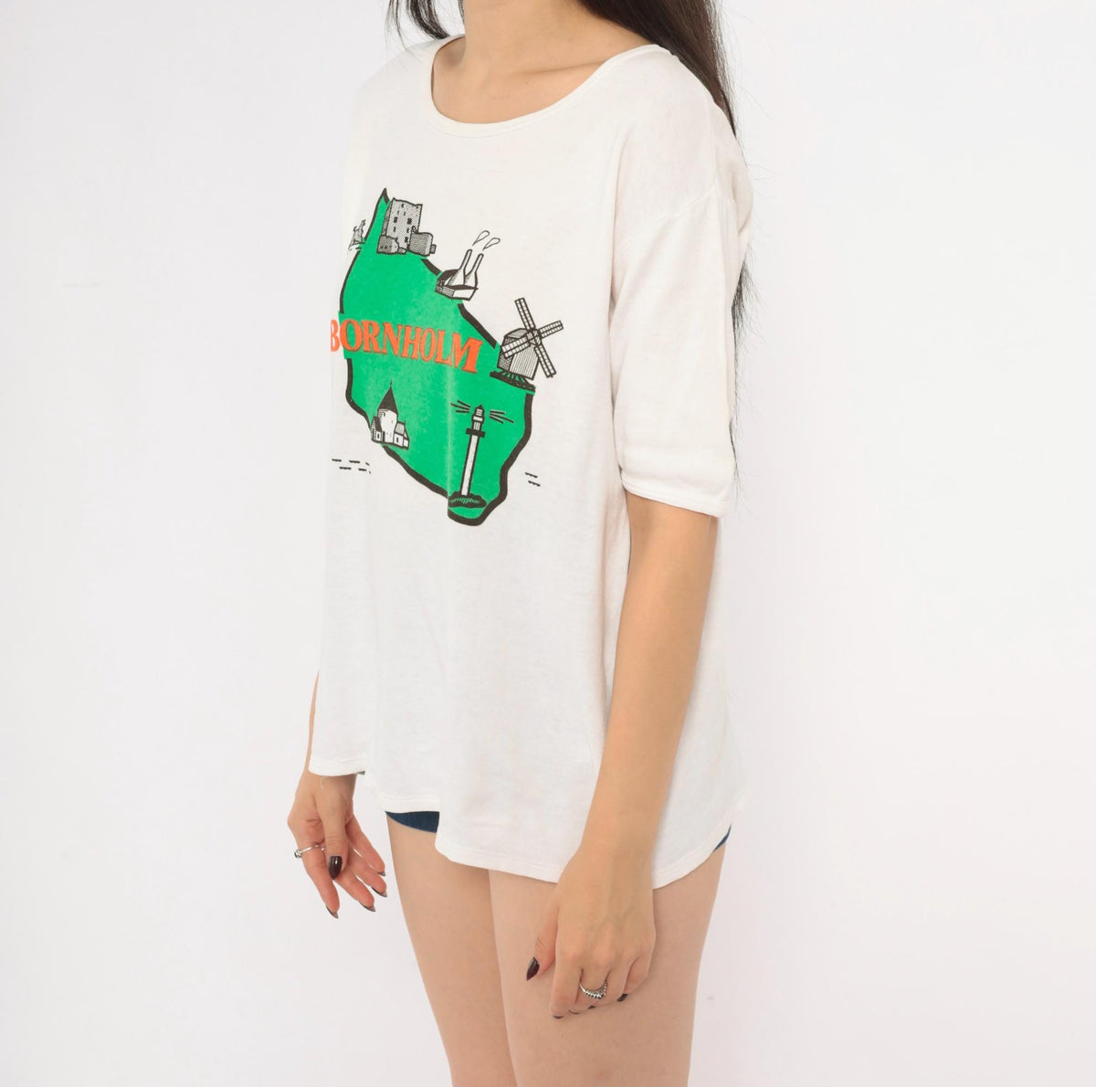 80s Bornholm Denmark Souvenir Tee White Cotton Map Graphic Large L