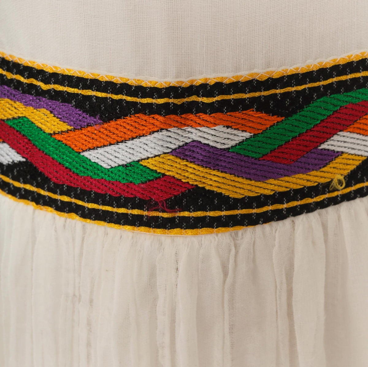 90s White Gauze Knee-Length Dress Ethiopian Habesha Embroidered Tibeb Multicolor Medium