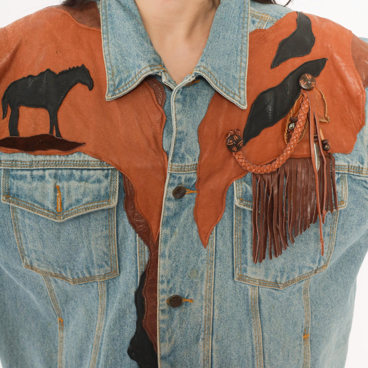 90s Petra C. Wall Denim Jacket Western Leather Cowboy Horse Patchwork Light Blue Medium M