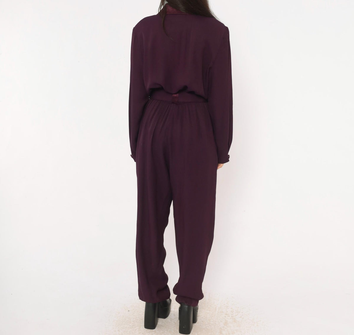 80s Studio I Plum Jumpsuit Double Breasted Satin Collar Belted Small