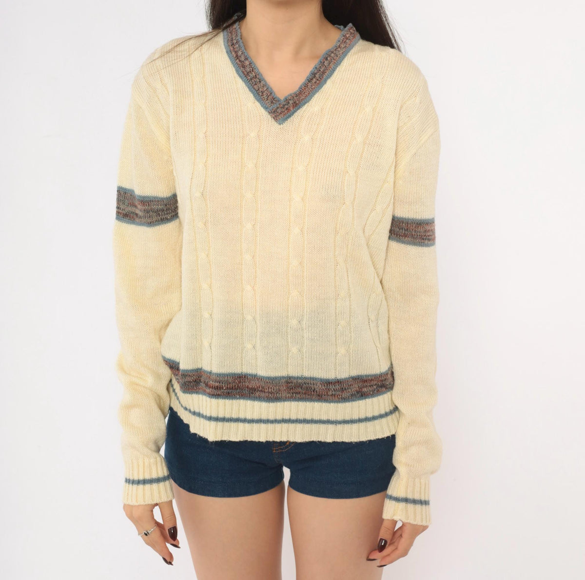 70s Kennington Cable Knit Sweater Cream V Neck Stripe Pullover Small