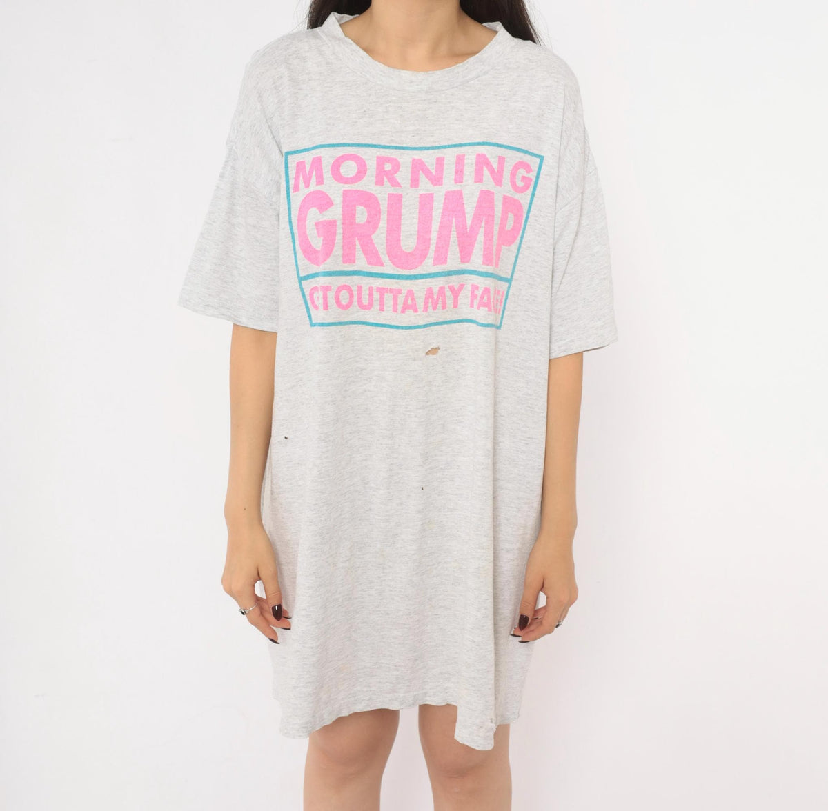 90s Cigli Slogan T-Shirt Dress Grey Heather Cotton Pink Teal Print Small