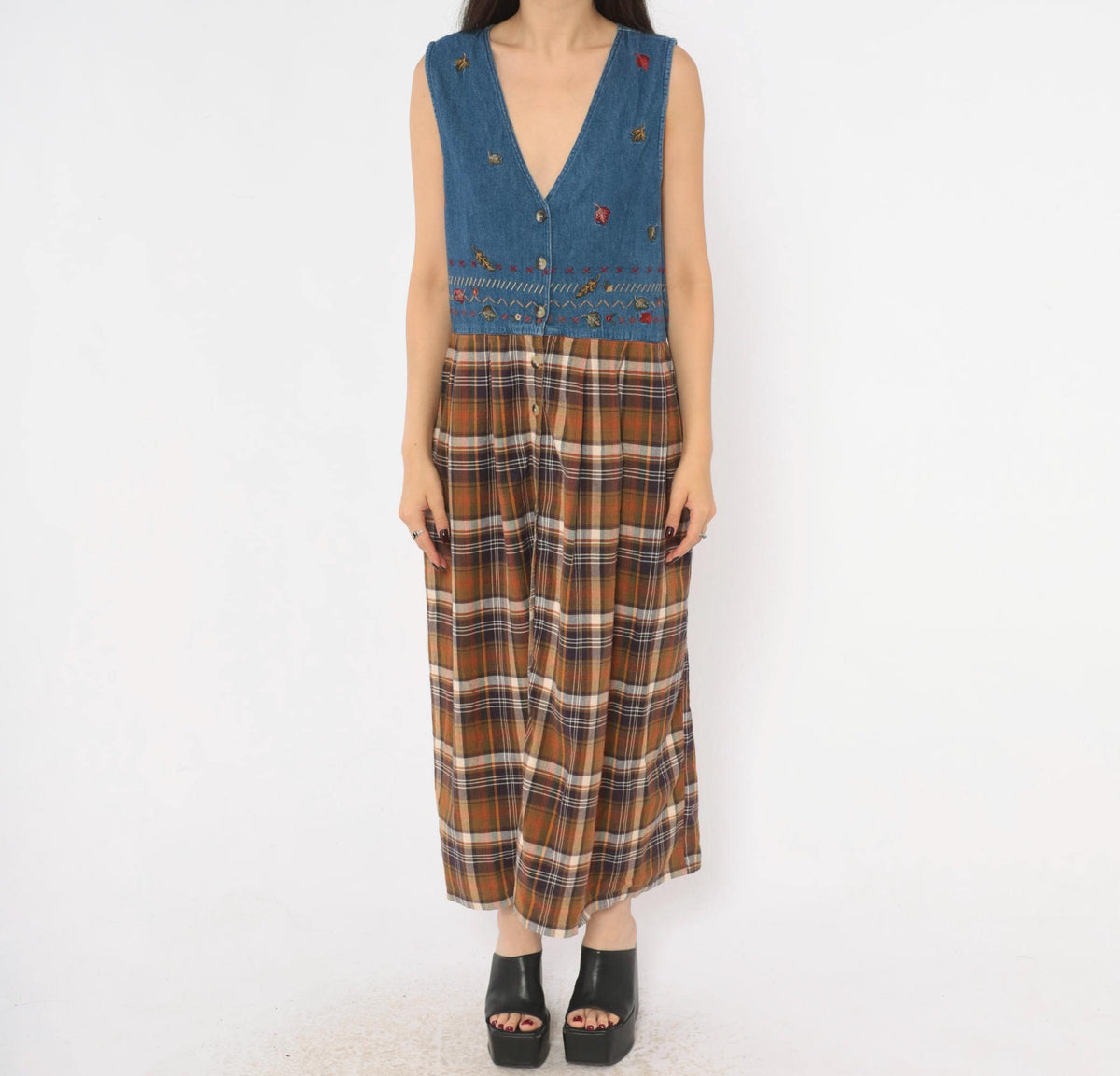 90s Casey&Max Denim Plaid Midi Dress Embroidered Leaves V Neck Large