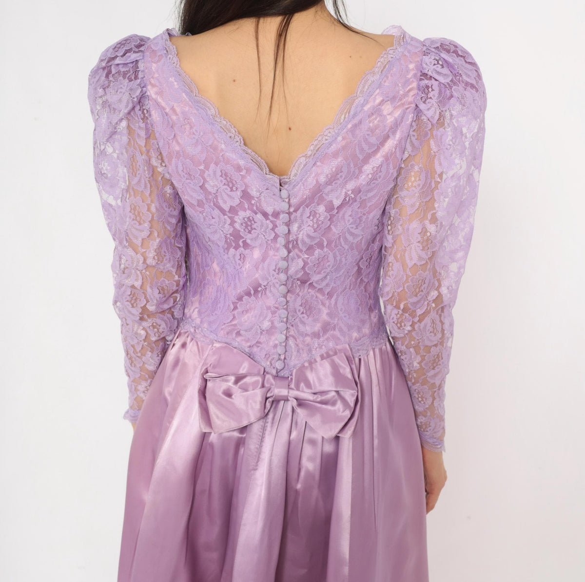 80s Lavender Lace Midi Dress Puff Sleeve Satin Purple V Neck Small