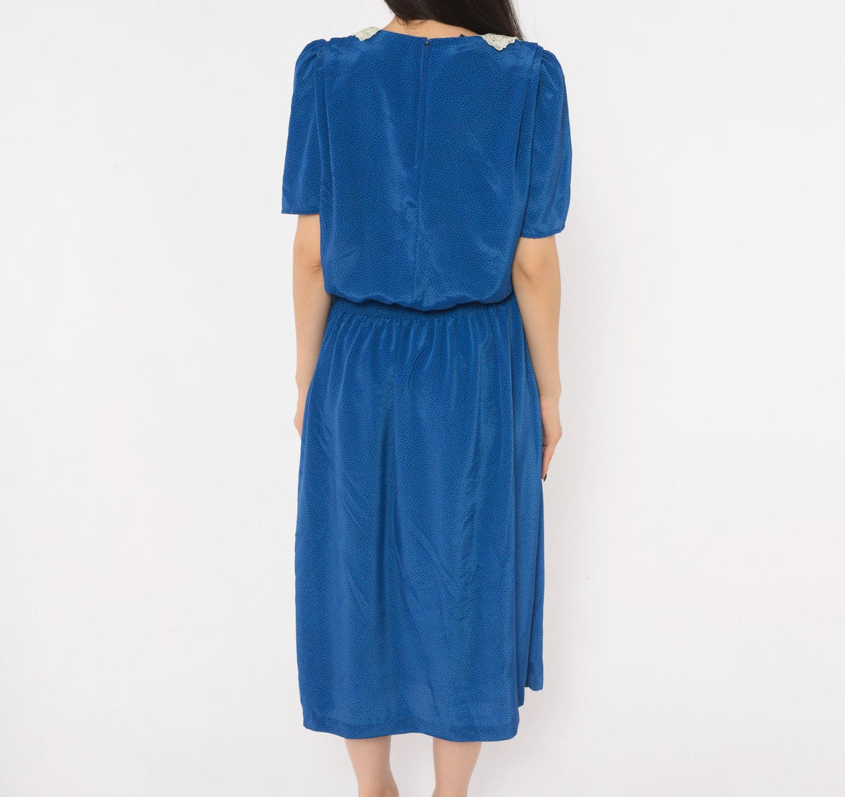 80s Stuart Alan Cobalt Midi Dress Lace Collar Puff Sleeve Dot Print Medium