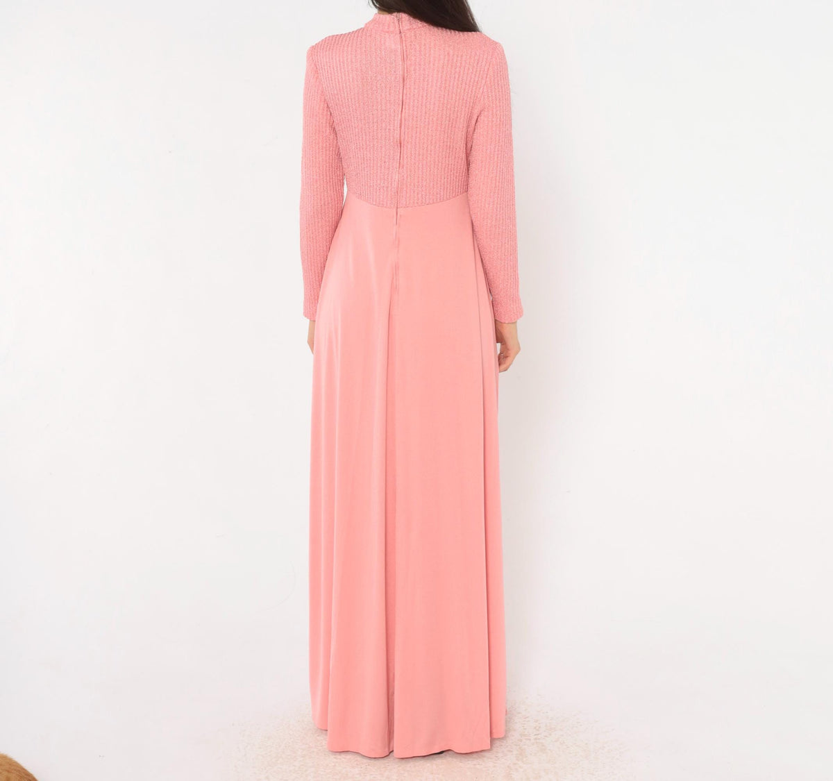 70s Pink Maxi Dress Knit Bodice Floral Lace Empire Waist Long Sleeve Medium
