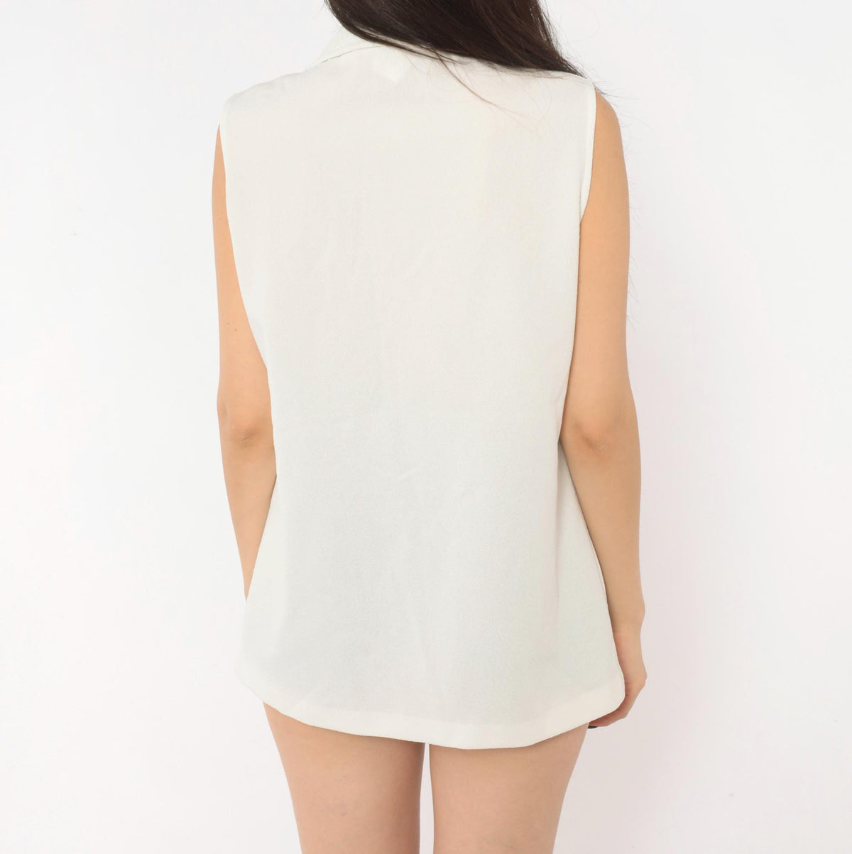 70s White Sleeveless Blouse Pointed Collar Blue Button Front Mod Top Medium