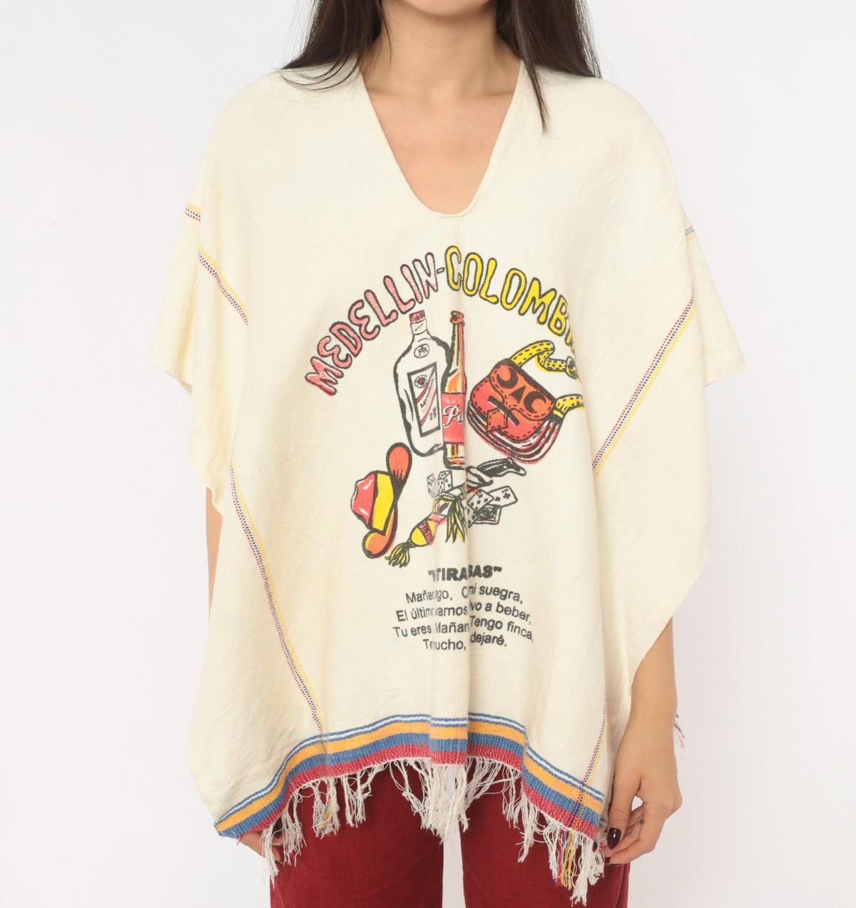 80s Medellin Colombia Souvenir Poncho Cream Cotton Graphic V Neck Fringe One Size