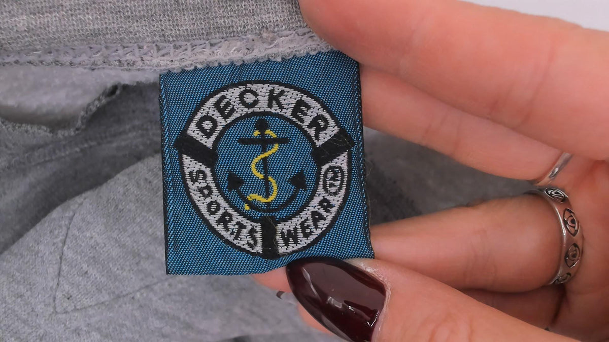 90s Decker Sportswear Cropped Sweatshirt Grey Navy Stripe Boat Neck Small