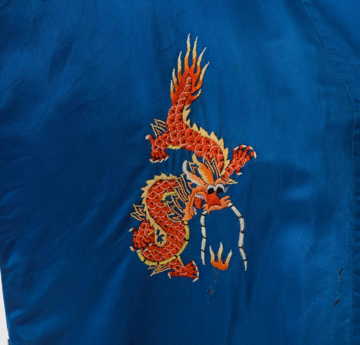 90s Golden Deer Silk Kimono Robe Cobalt Blue Dragon Embroidered Medium