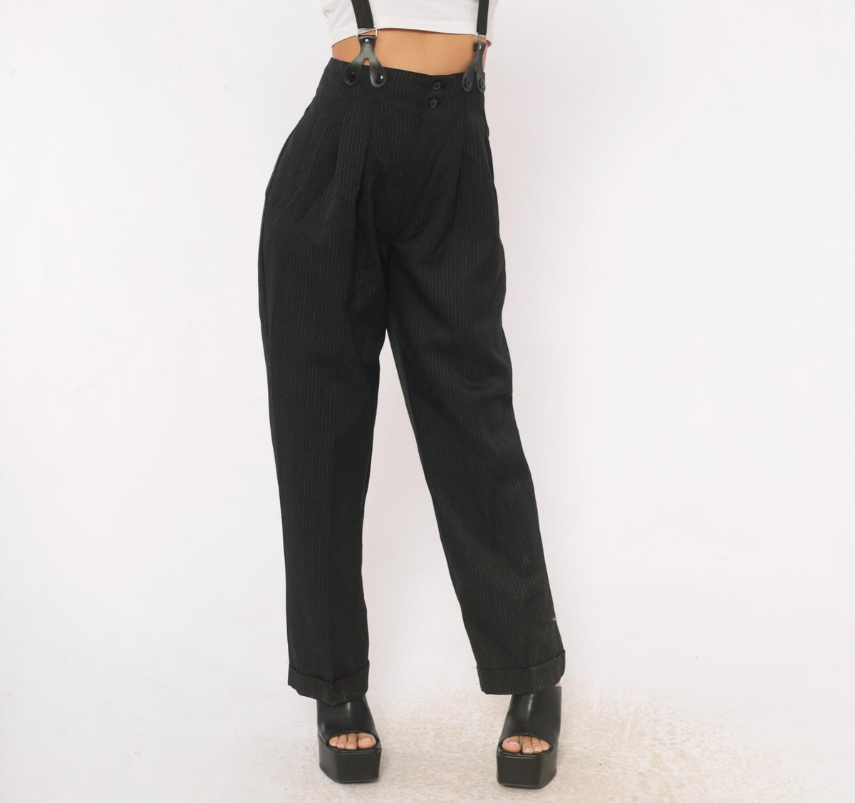 80s 7th Alternative Pinstripe Trousers Black High Waist Pleated Tapered Small S