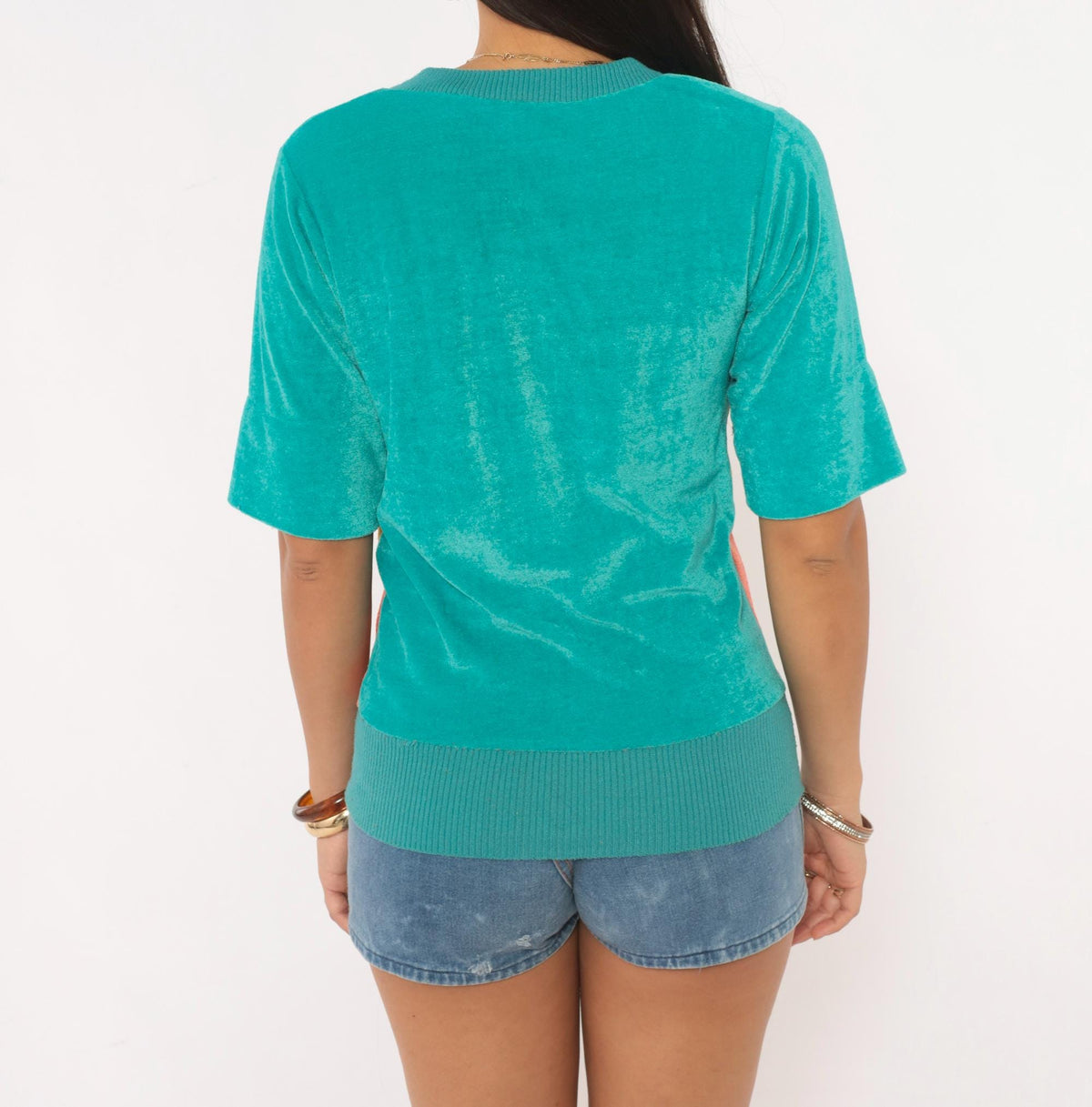 80s Velour Color Block V-Neck Pullover Teal Yellow Coral Medium