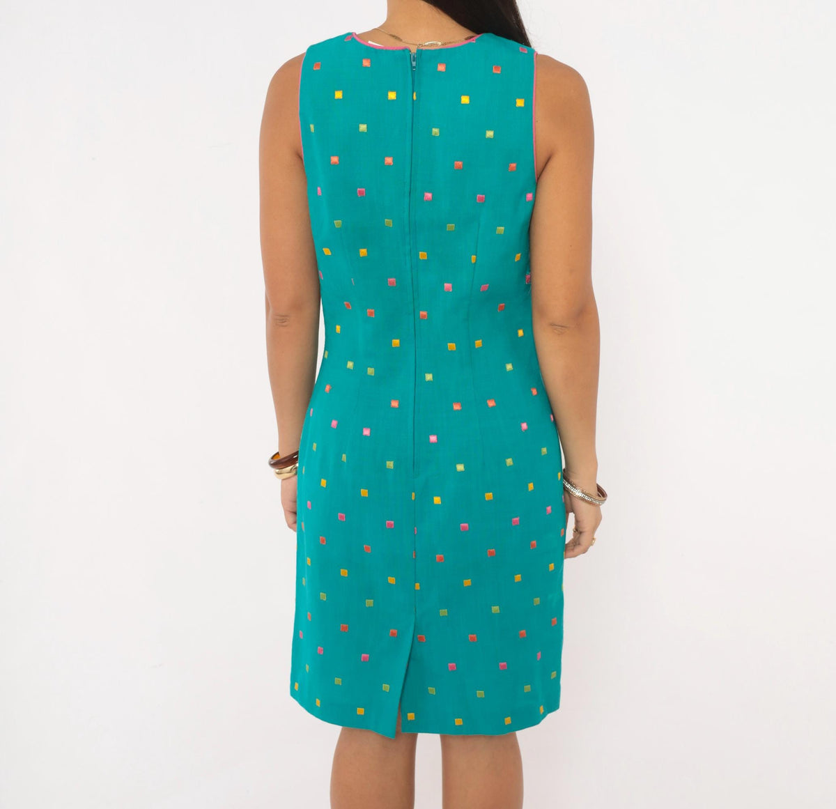 90s First Focus Teal Shift Dress Embroidered Geometric Scoop Neck Small