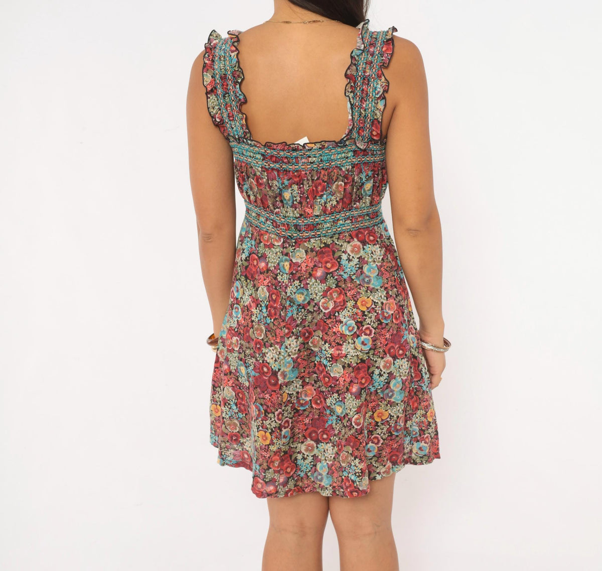 70s Floral Mini Dress Burgundy Blue Smocked Square Neck Ruffle Strap Small