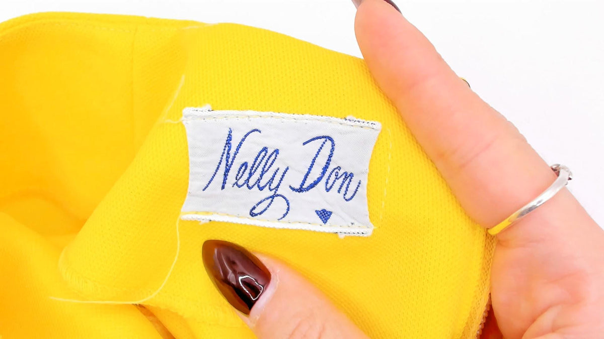 60s Nelly Don Yellow Shift Dress Mod Geometric Topstitch A-Line Large L