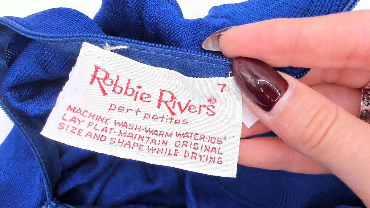 70s Robbie Rivers Bee Embroidered Shift Dress Mock Neck Royal Blue Small
