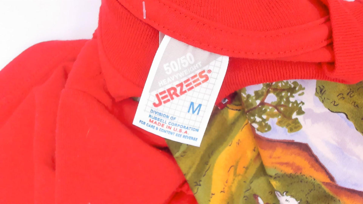 90s Jerzees Cow Print Red Cotton Tee Farm Scene Beaded Yoke Medium M