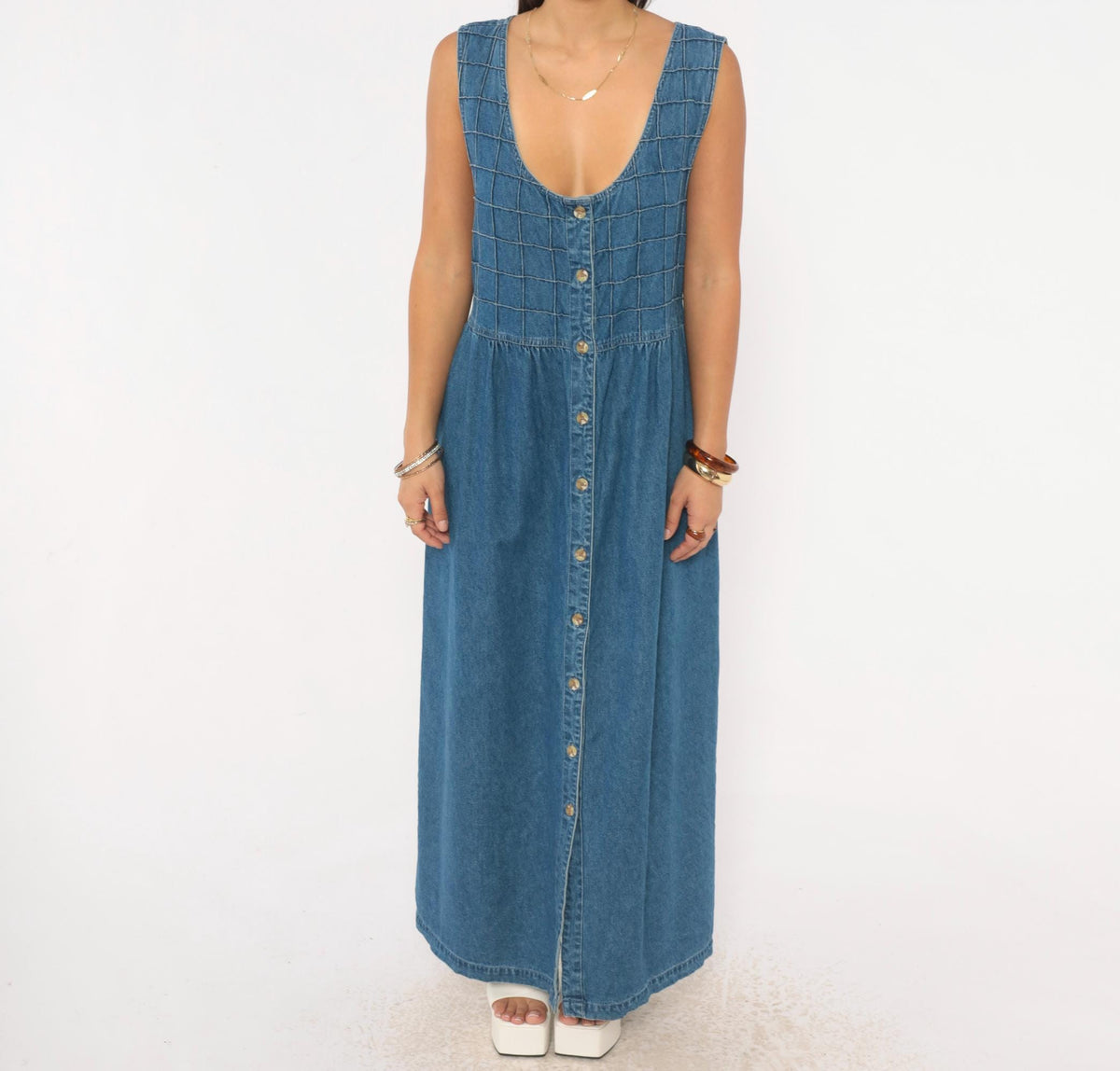 90s TY Original Wear Denim Jumper Dress Navy Cotton Quilted Bodice Plus Size 2X