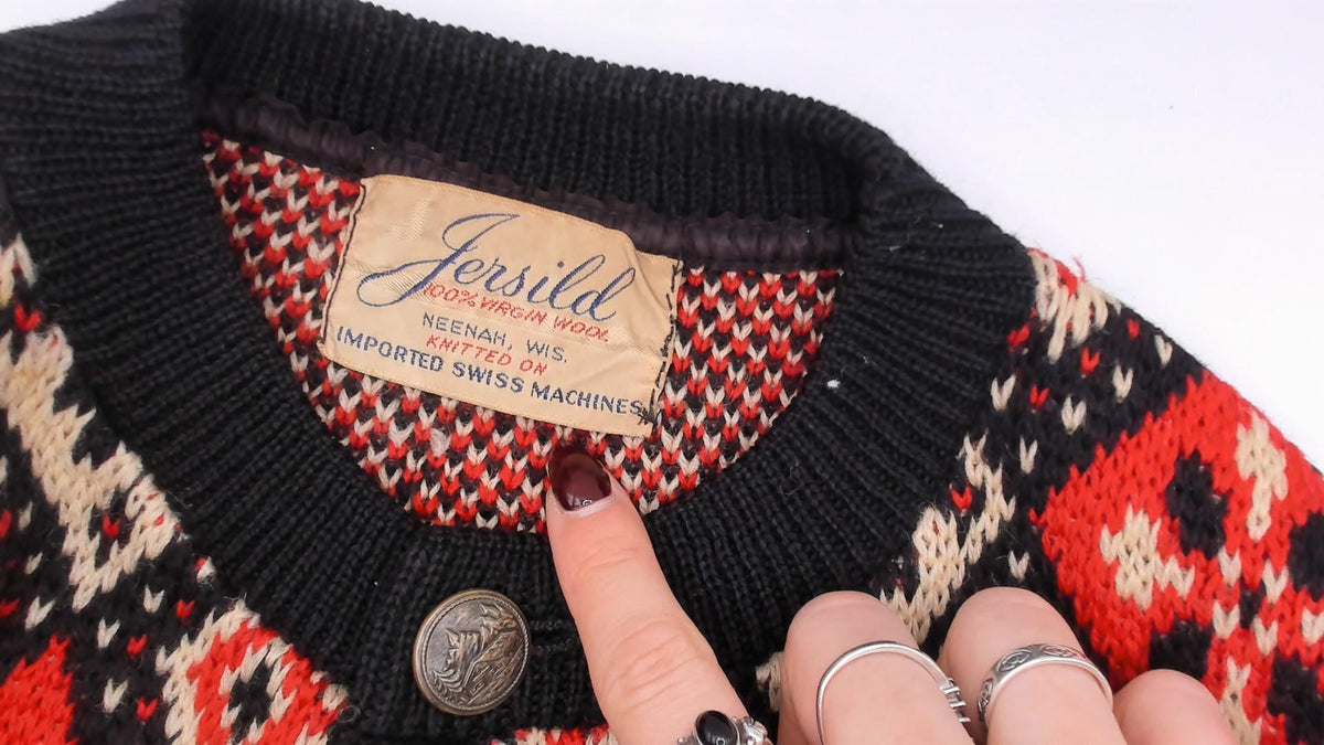 60s Jersild Wool Cardigan Black Red Cream Fair Isle Diamond Medium