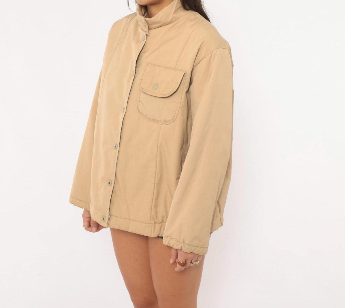 80s Avon Beige Snap Front Insulated Jacket Navy Lined Small