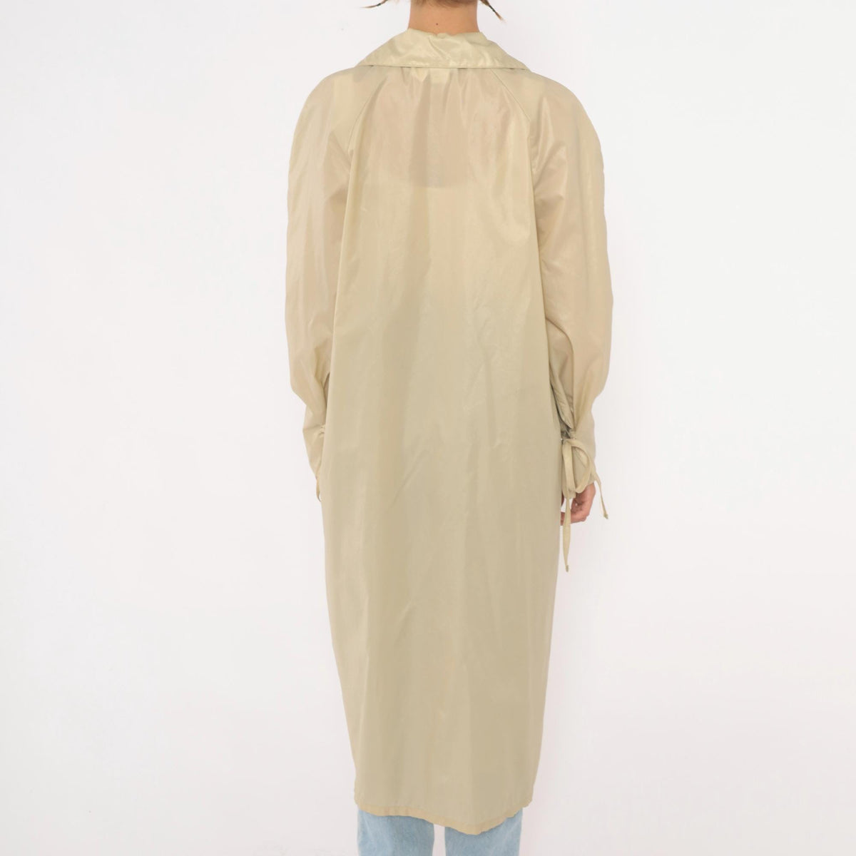 80s Aqua Sheen Cream Nylon Trench Coat Pointed Collar Midi Length Medium M