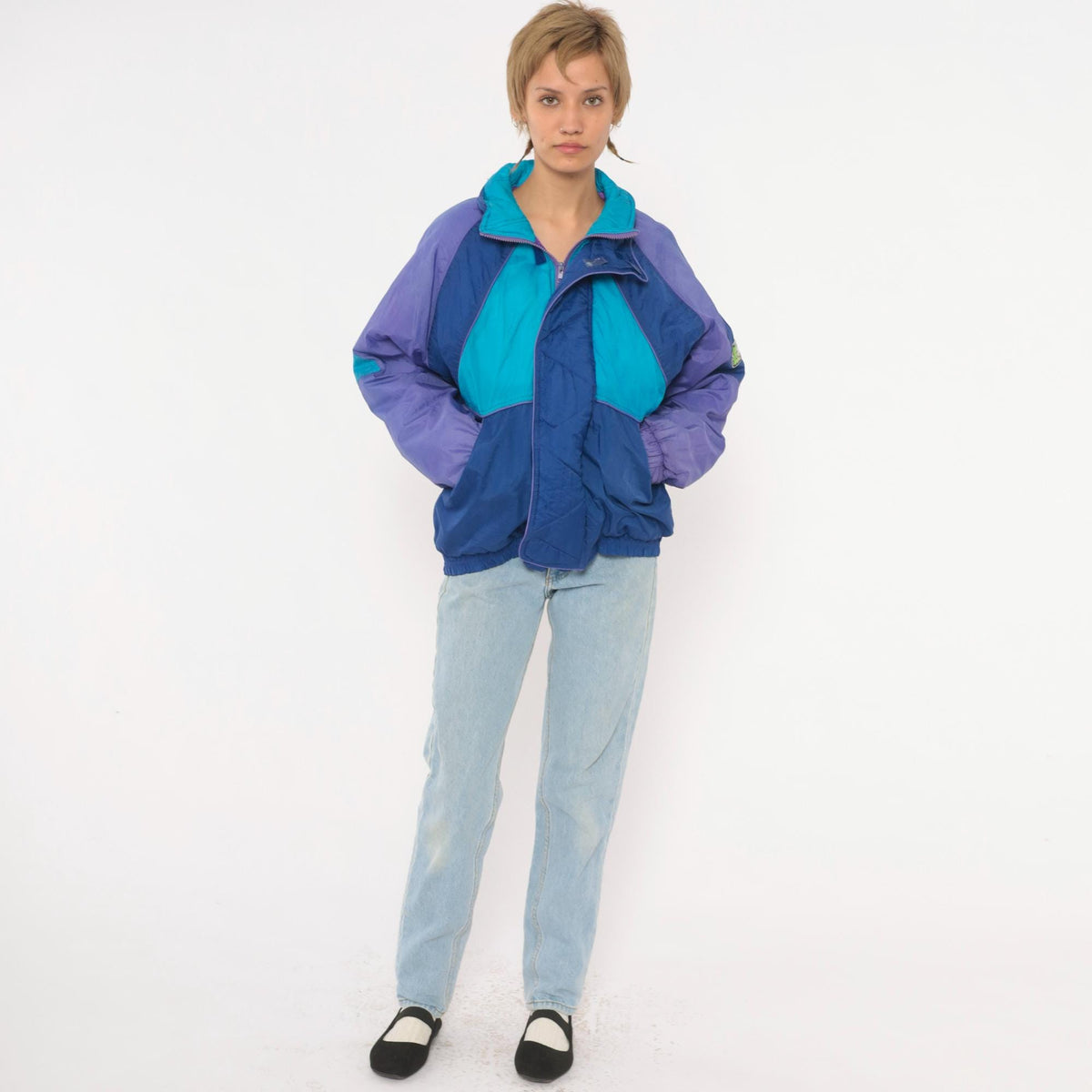 90s EZ Color Block Windbreaker Jacket Blue Purple Teal Quilted Small
